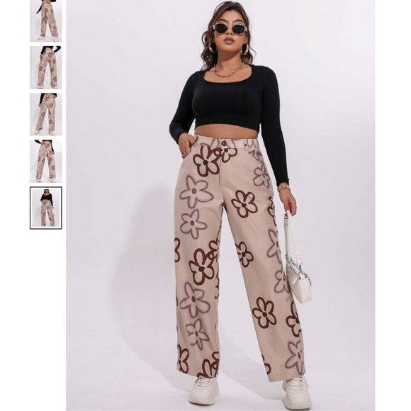 🔴 4/$15 SHEIN Qutie Beige & Brown Floral Print Straight Leg Pants size 6 in EUC - Picture 4 of 16